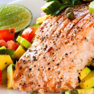 Atlantic salmon with an avocado and tomato salsa.